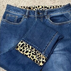 Joseph Ribkoff Straight Leg Dark Blue 
Wash Jeans Leopard Cheetah Print Cuffs 10